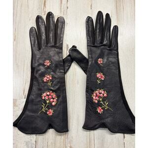 VIntage 1950s Lady Gay Black Leather Embroidered Gloves sz 6 1/2